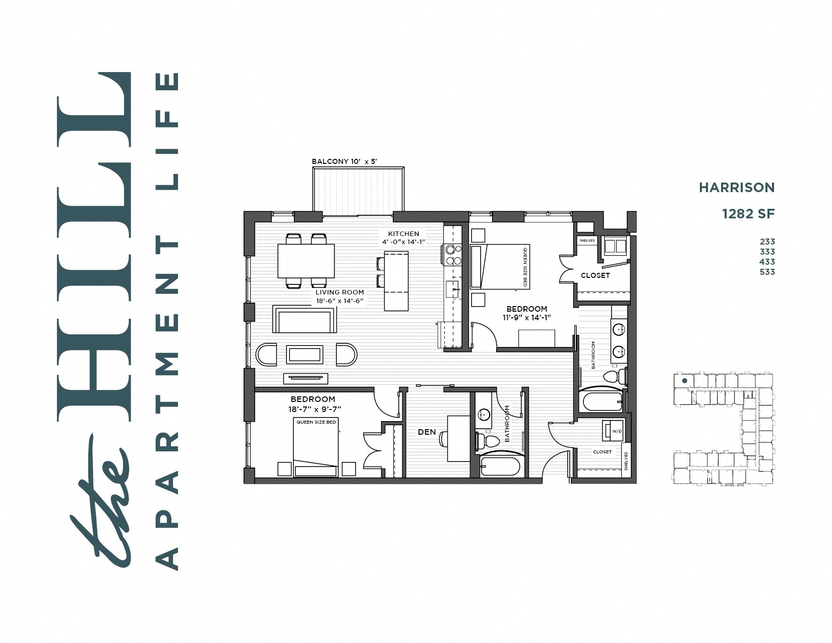 Floor plan for 2 beds, 2 baths, 1282 sqft